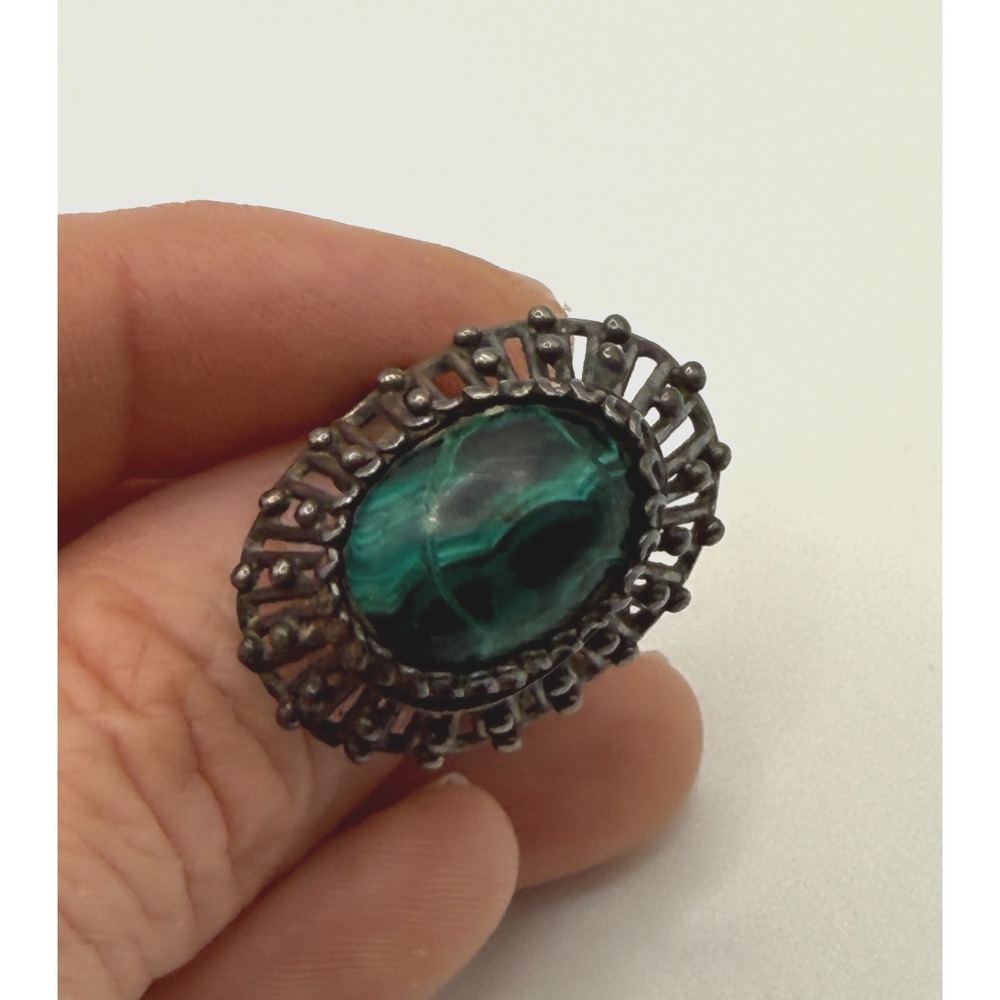 Vintage Sterling Silver Malachite Filigree Ring Size 6 Green Cabochon Fine Goth